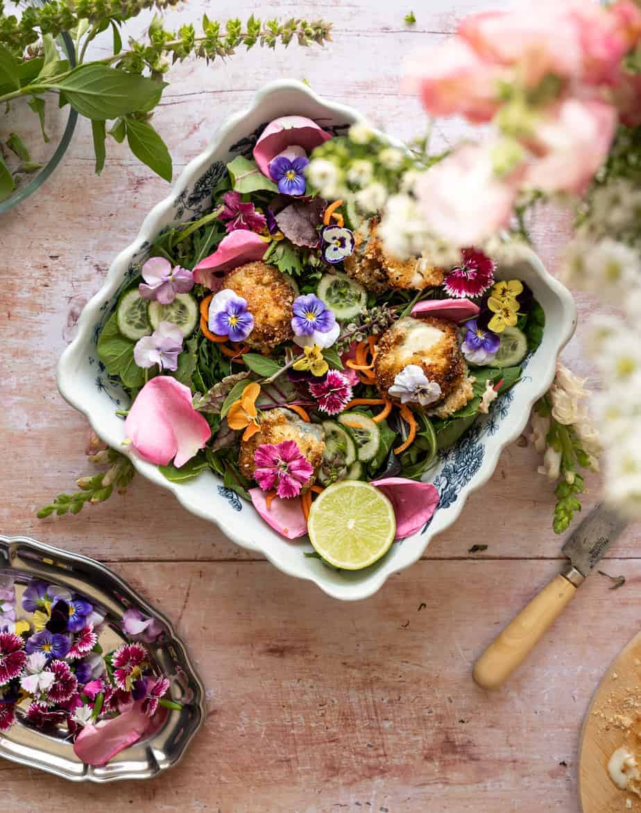 Perennial Greens and Edible Flower Salad with Lemon-Maple Dressing