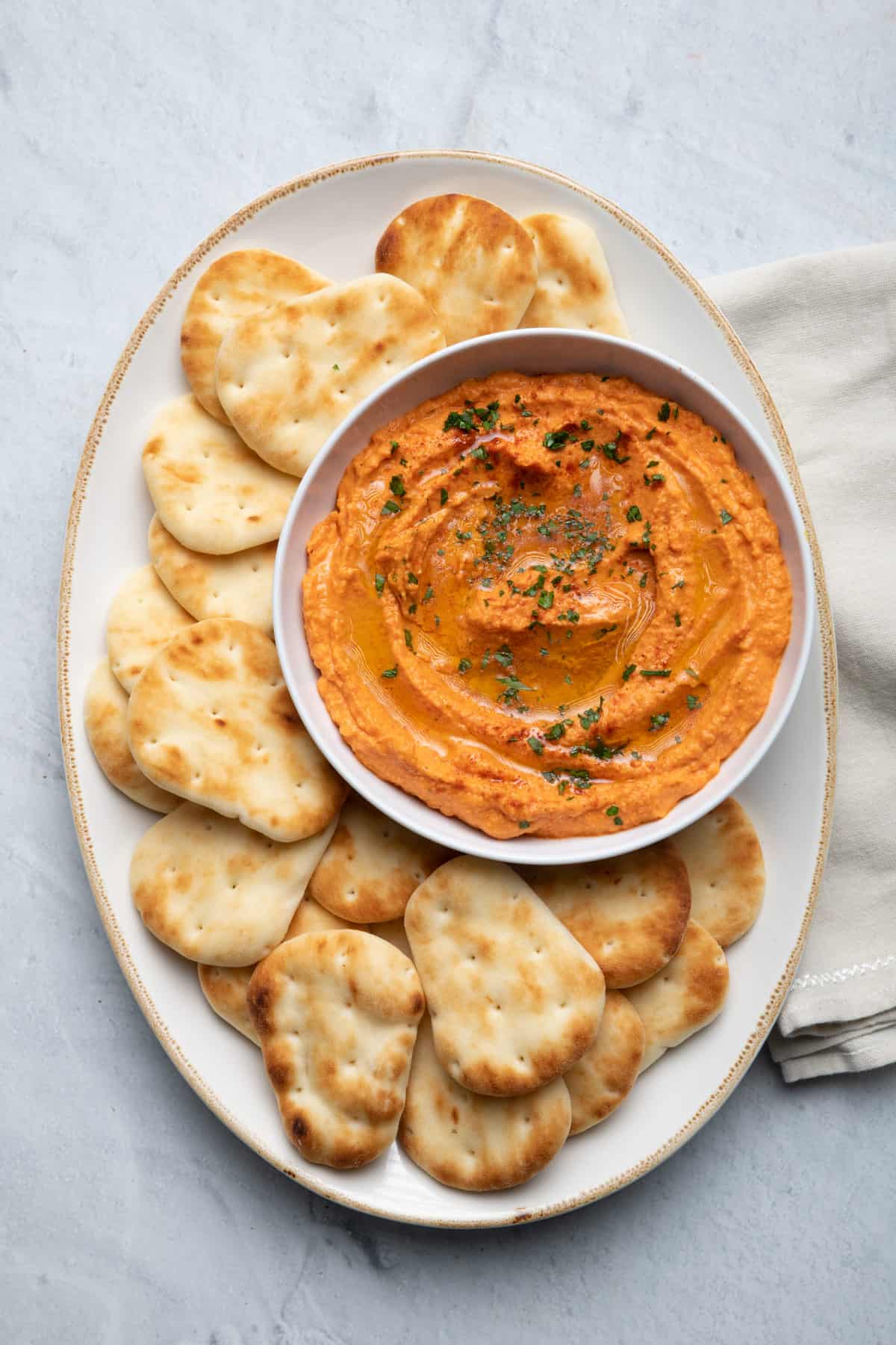 Roasted Red Pepper Hummus Dip with Crispy Pita