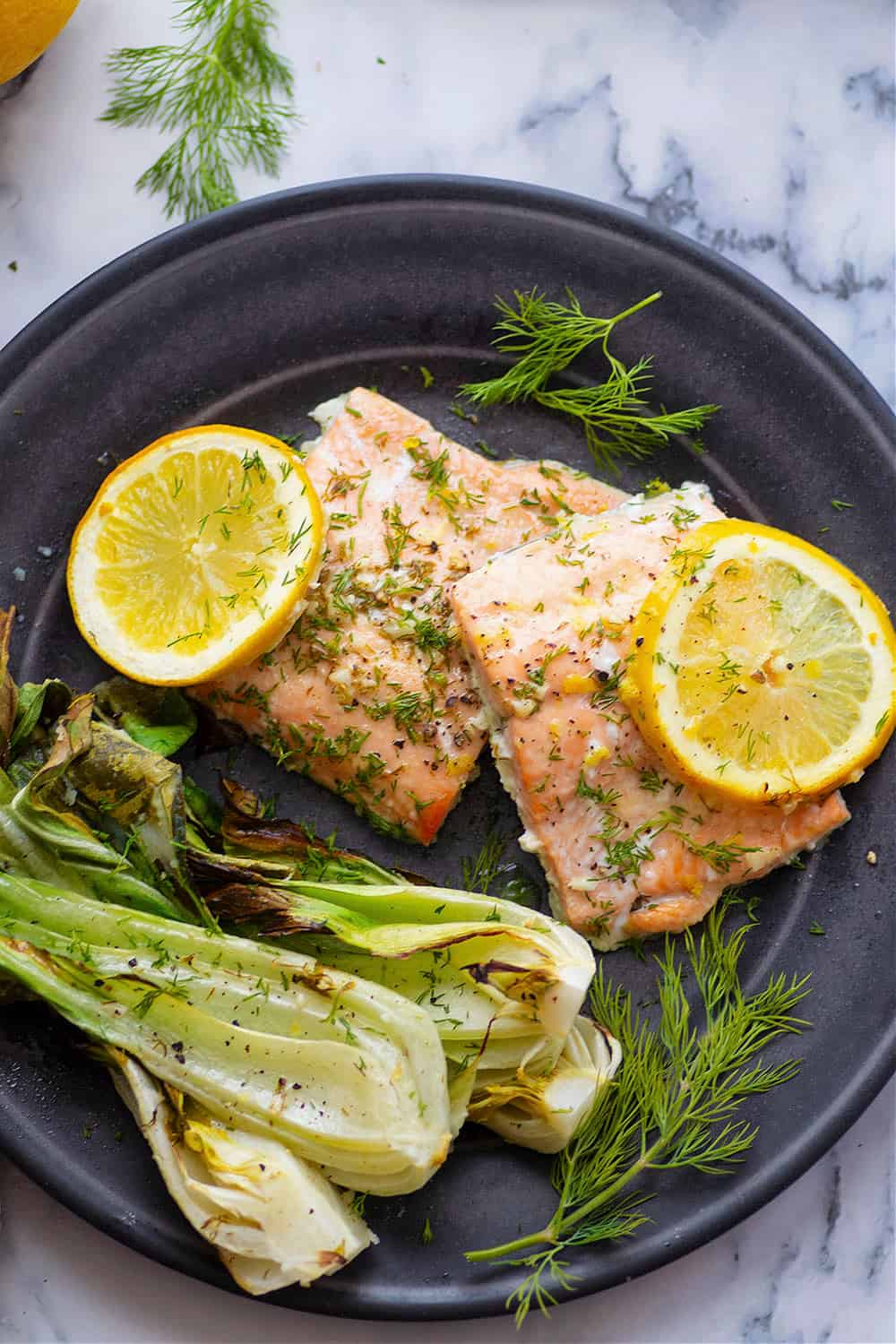 Sautéed Salmon with Lemon and Dill over Bok Choy