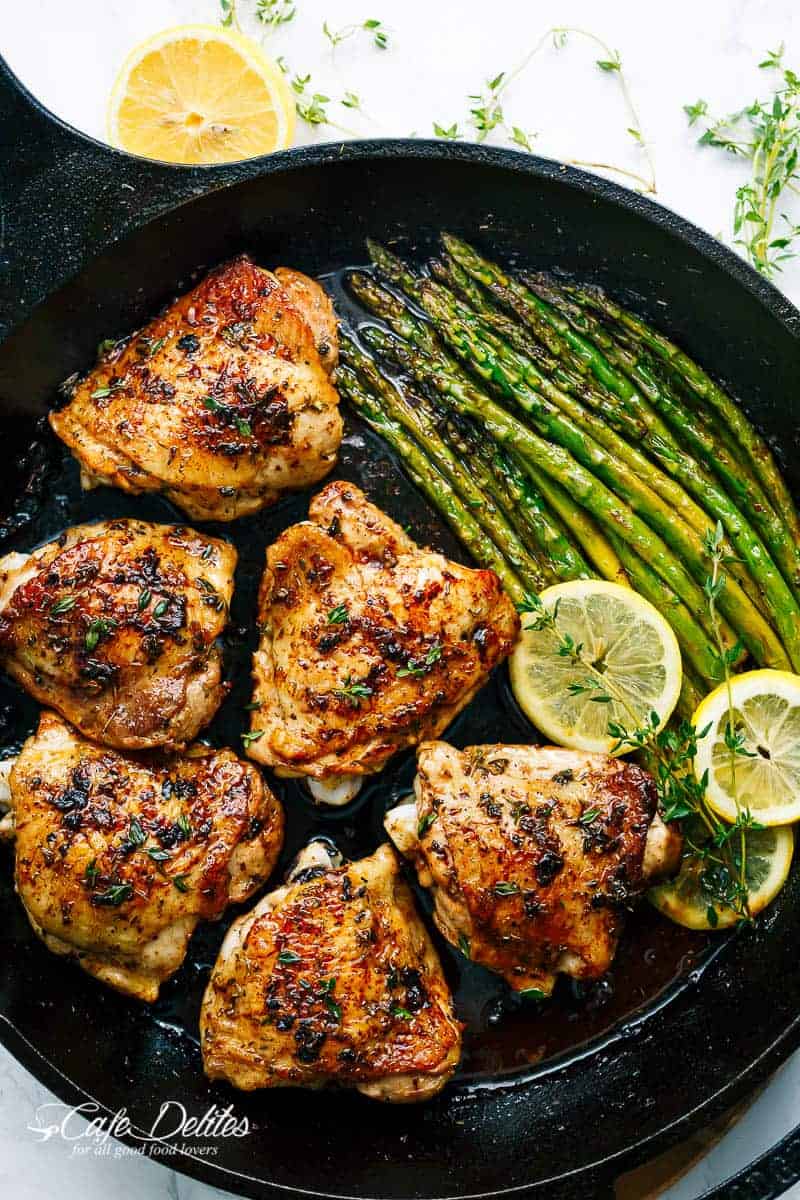 Pan-Seared Chicken Thighs with Garlic Butter and Asparagus