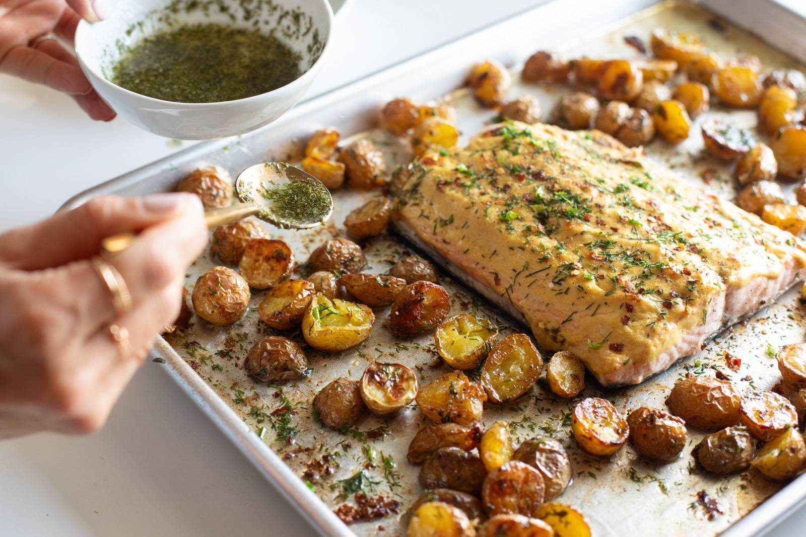 Sheet Pan Lemon-Dill Salmon with Cherry Tomatoes and Baby Potatoes