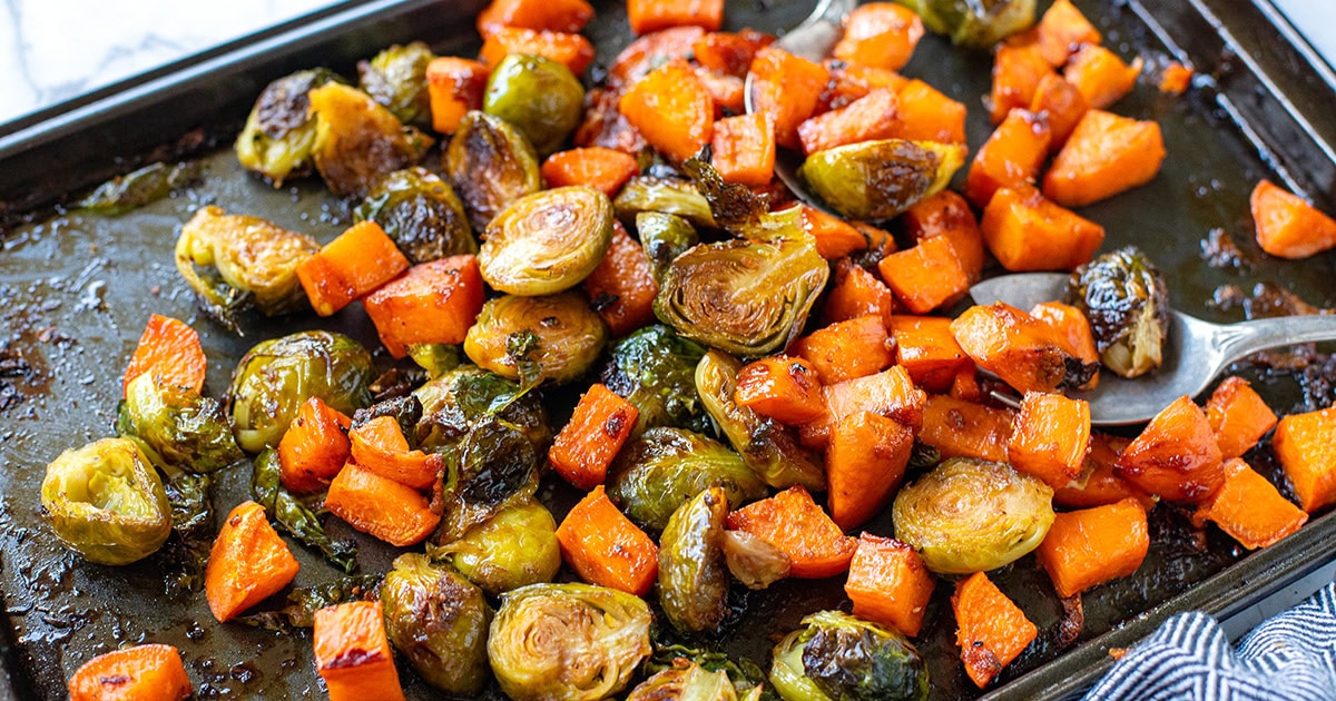 Thyme-Roasted Sweet Potatoes and Brussels Sprouts
