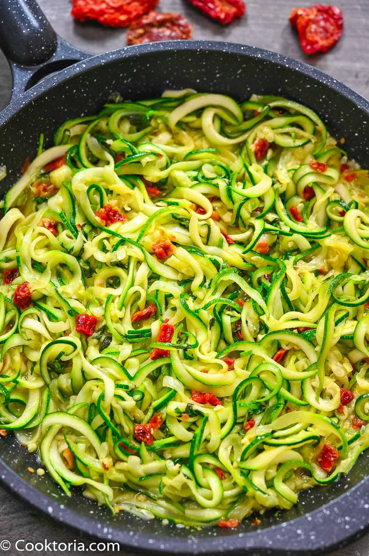 Sautéed Zucchini Noodles with Avocado and Sun-Dried Tomatoes