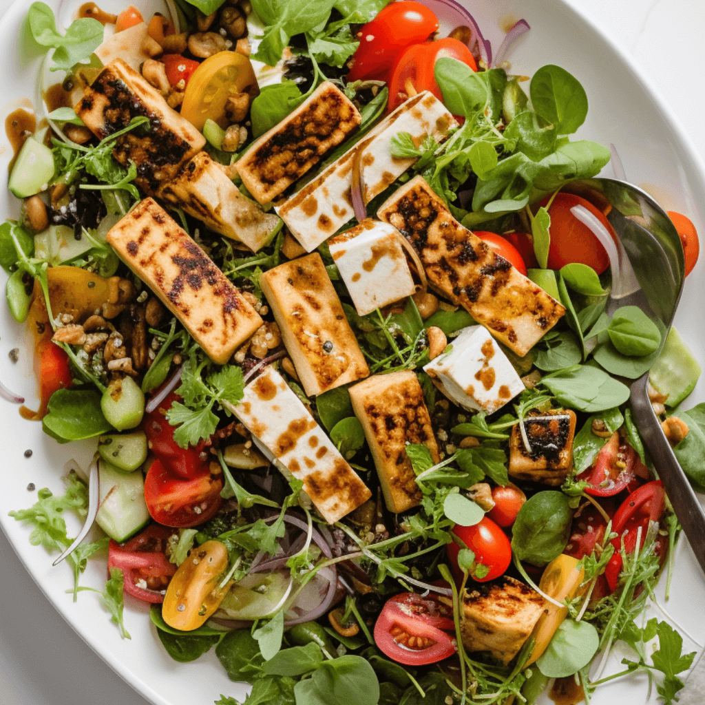 Black Sesame Glazed Tofu with White Bean Salad