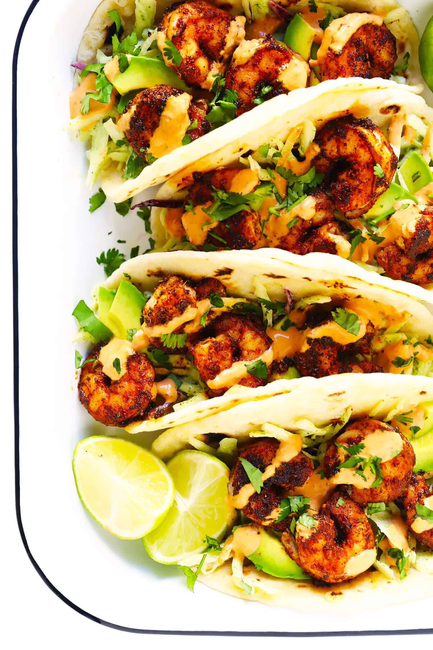 Crispy Harissa Shrimp Tacos with Avocado Slaw