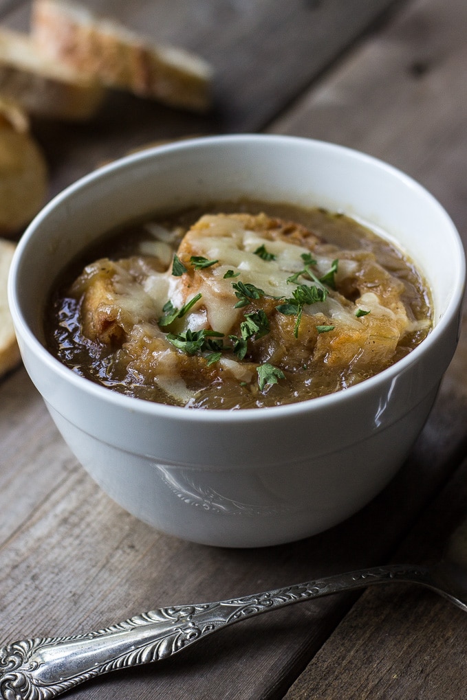 Caramelized Onion and Leek Soup with Crispy Garlic