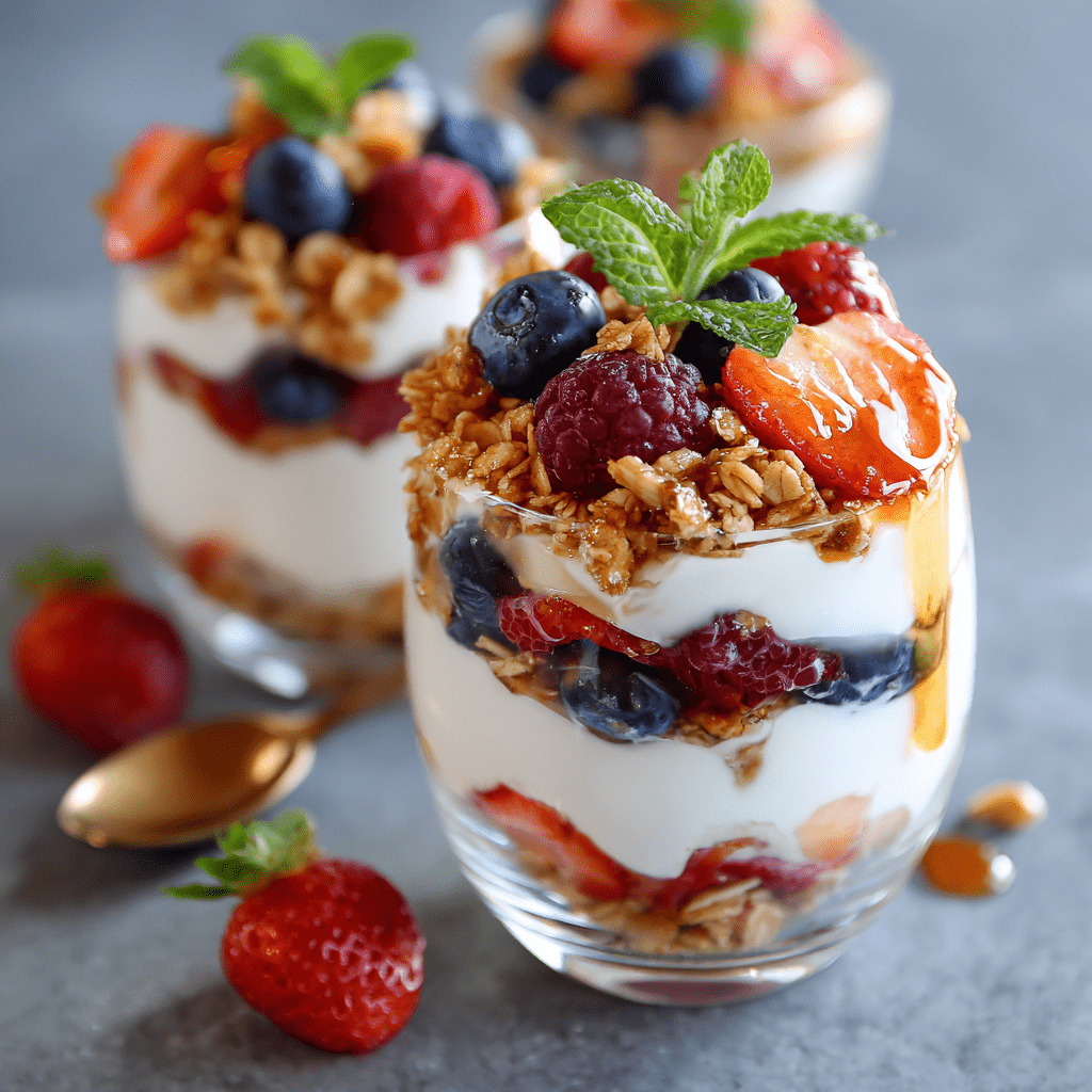 Layered Berry Yogurt Parfait with Honey and Granola
