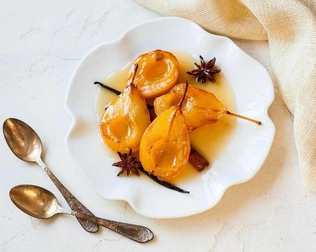 Baked Honey-Poached Pears with Vanilla Bean Custard