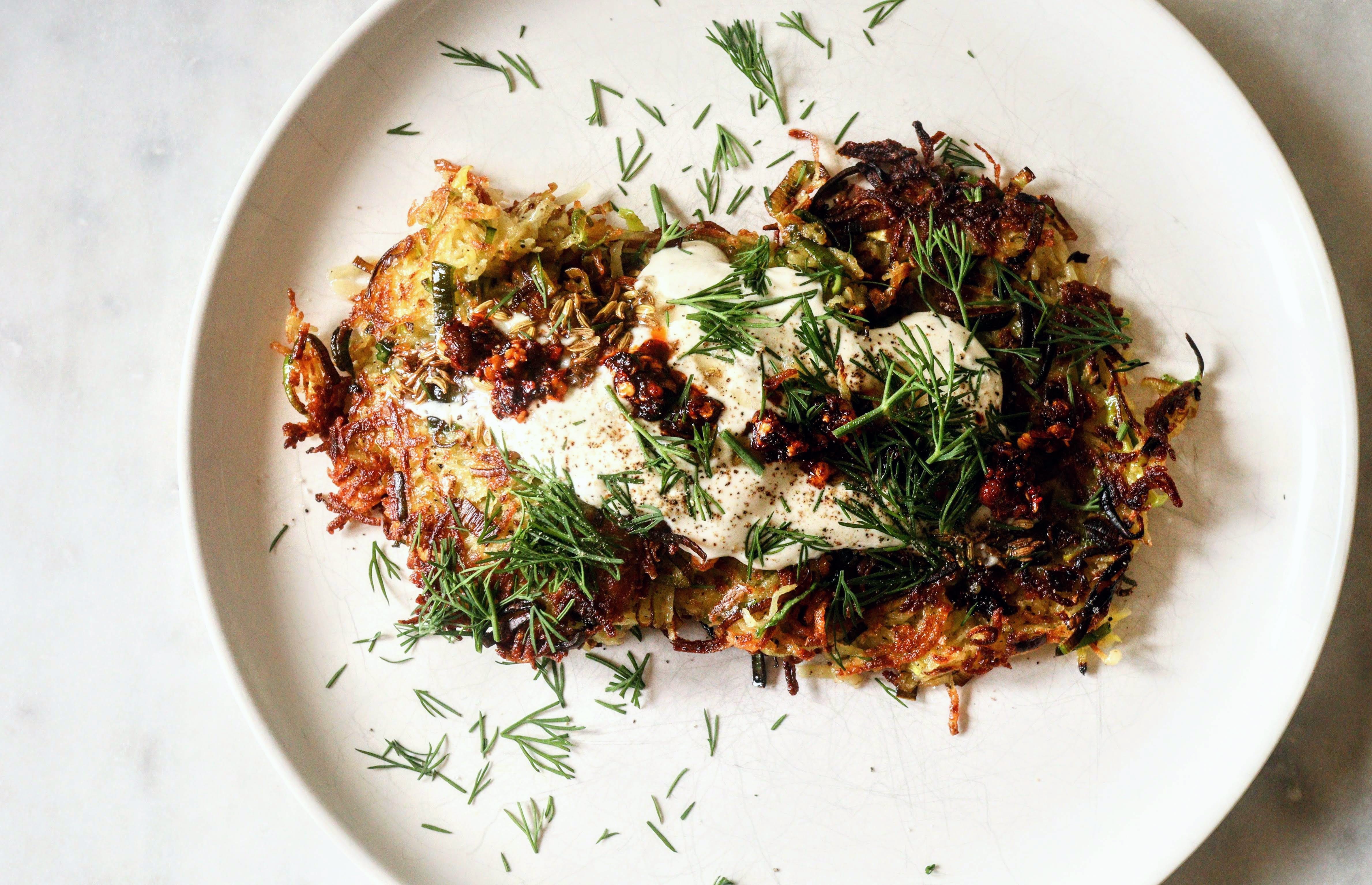 Pan-Fried Leek and Potato Fritters with Chive Cream
