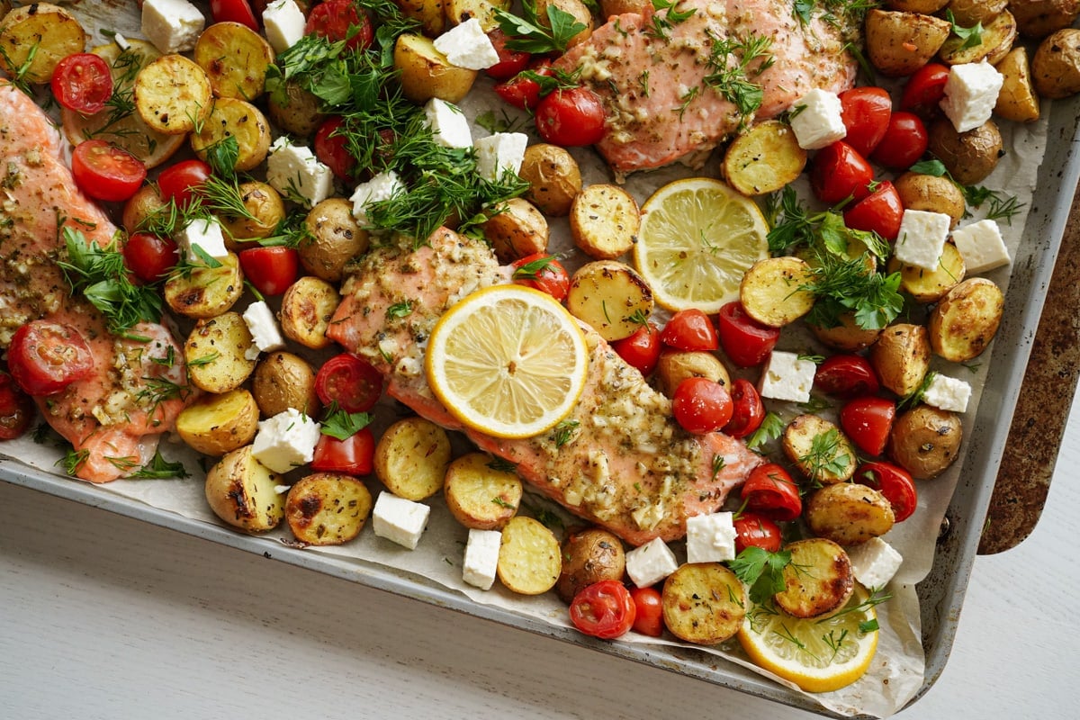 Sheet Pan Lemon-Roasted Salmon with Cherry Tomatoes and New Potatoes