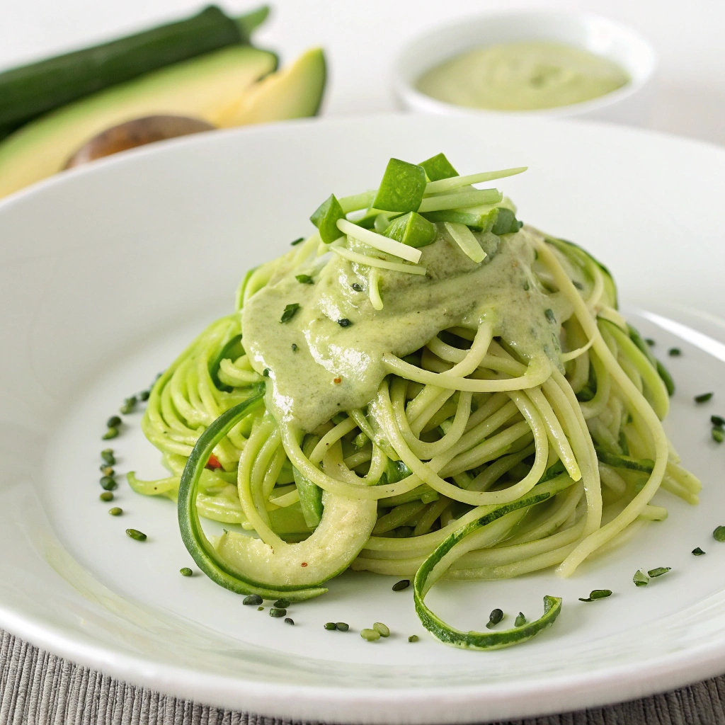 Sautéed Zucchini Noodles with Avocado Dressing