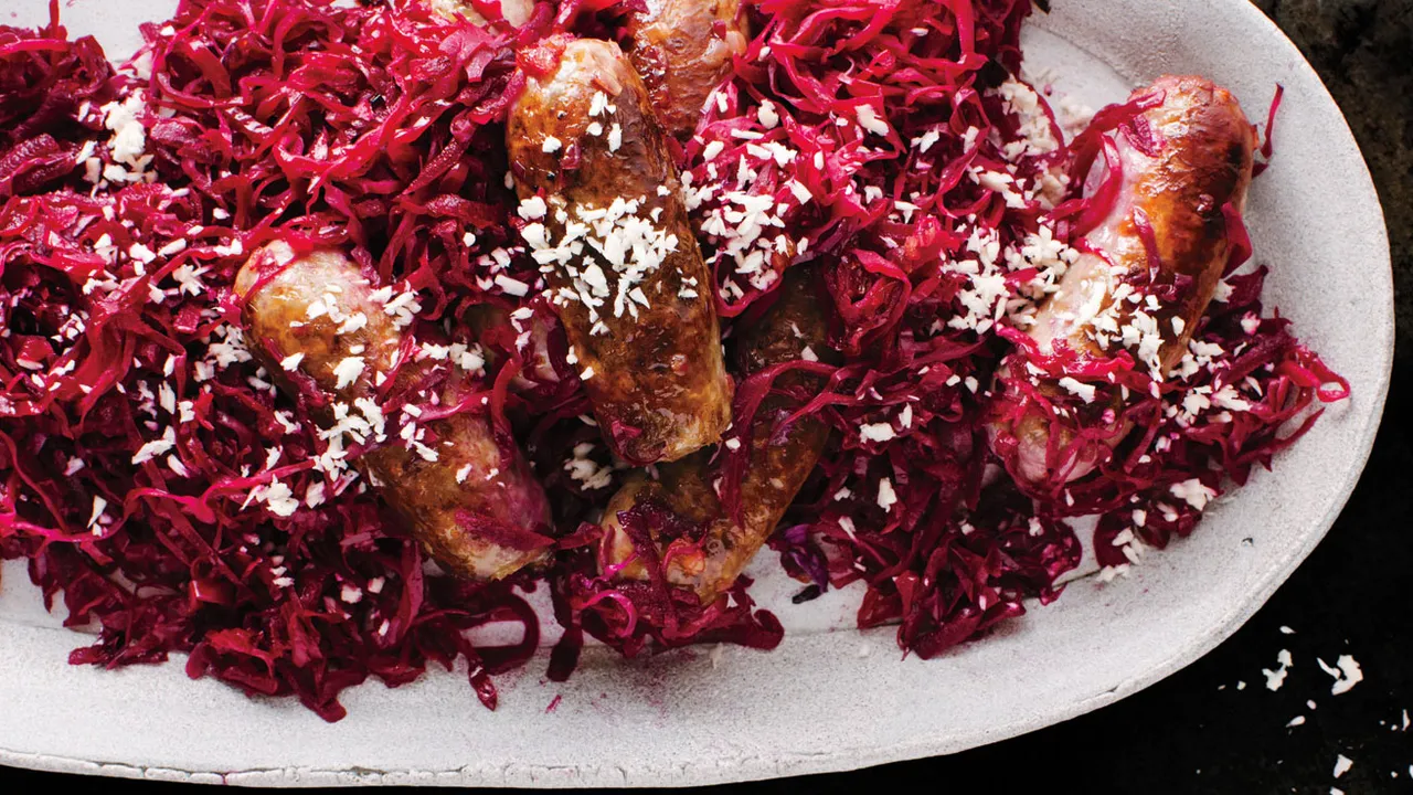 Oktoberfest-Style Beef Bratwurst with Red Cabbage
