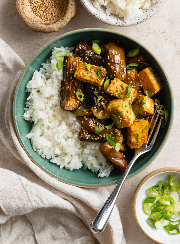 Miso-Glazed Eggplant and Tofu Bowl with Sesame Rice