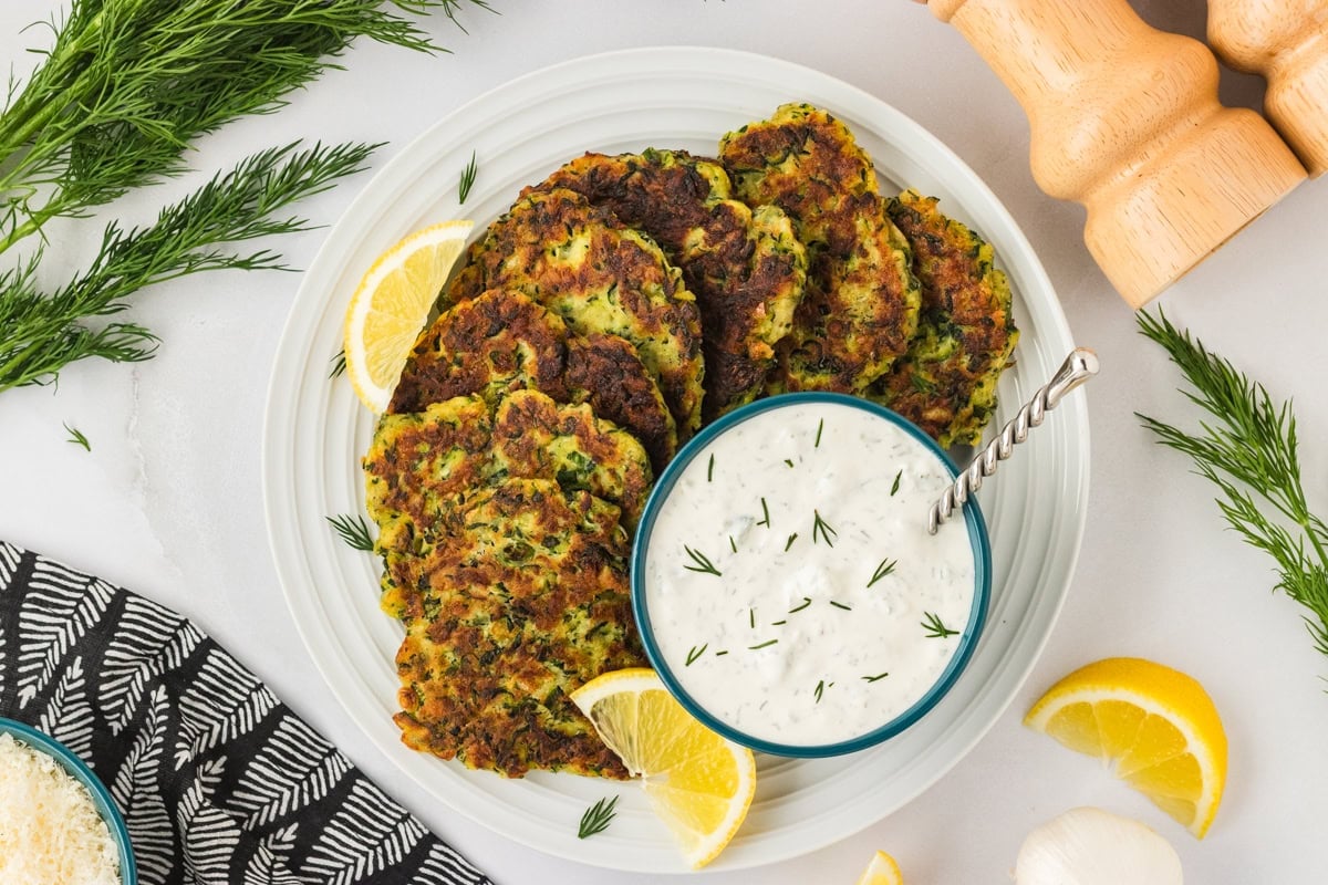 Pan-Fried Zucchini Fritters with Lemon-Dill Dip