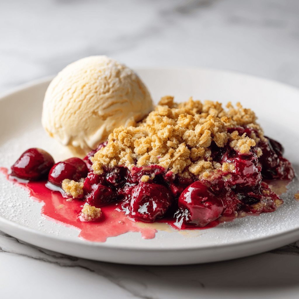 Cherry-Almond Crumble with Vanilla Bean Ice Cream
