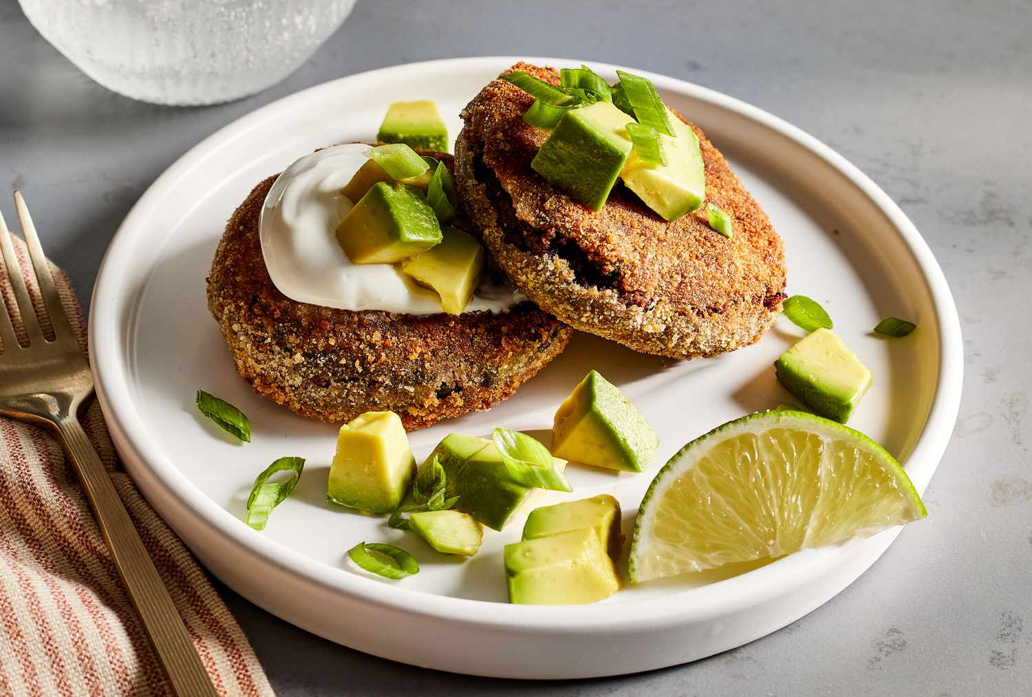 Pan-Fried Plantain and Black Bean Cakes with Avocado Crema