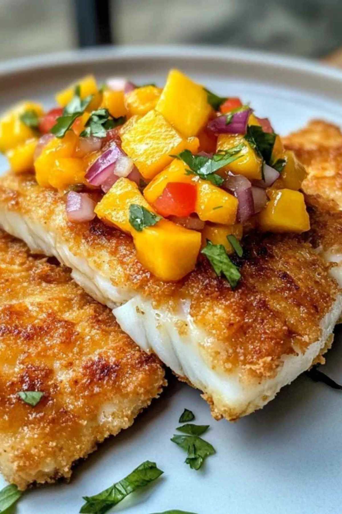 Coconut-Infused Fish Tostones with Mango Salsa
