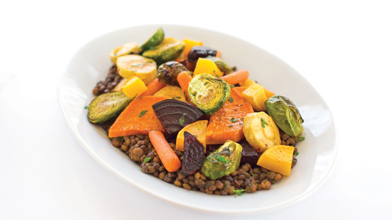 Maple-Glazed Roasted Root Vegetables and Lentils