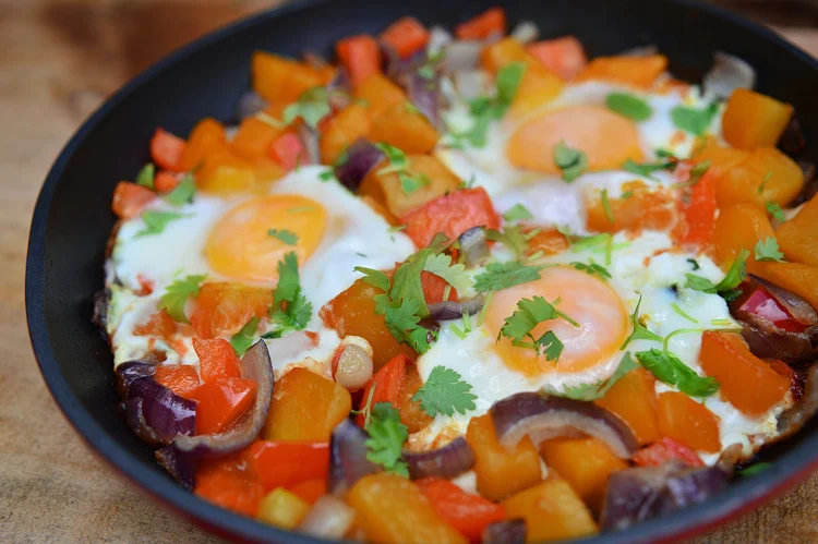 Maple-Pecan Sweet Potato Hash with Fried Eggs