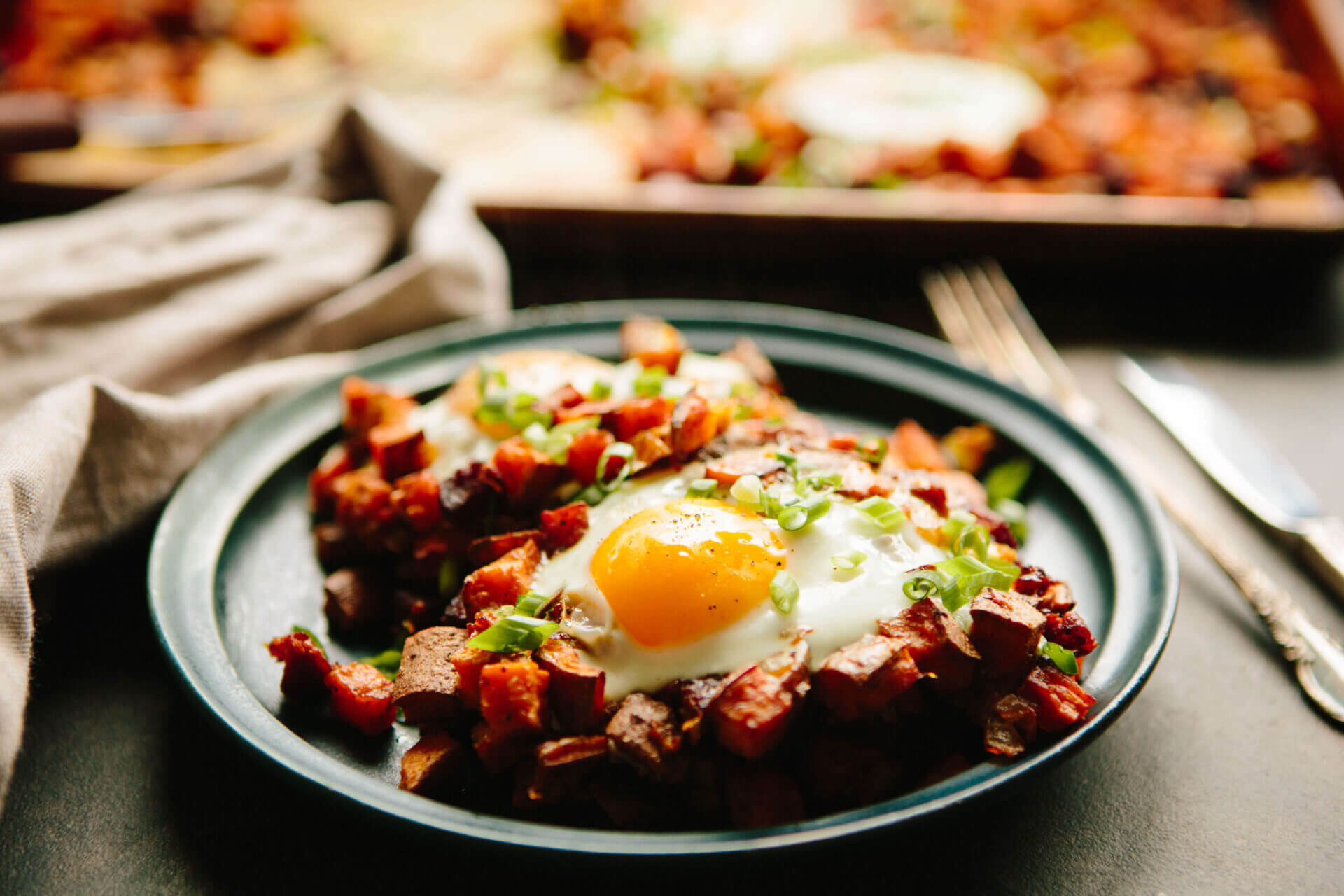 Chorizo and Sweet Potato Hash with Fried Eggs