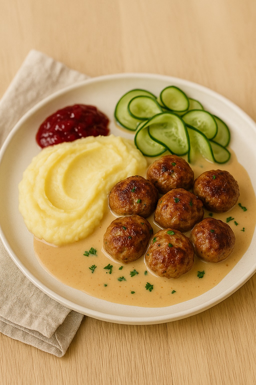Lingonberry-Simmered Meatballs with Mashed Potatoes