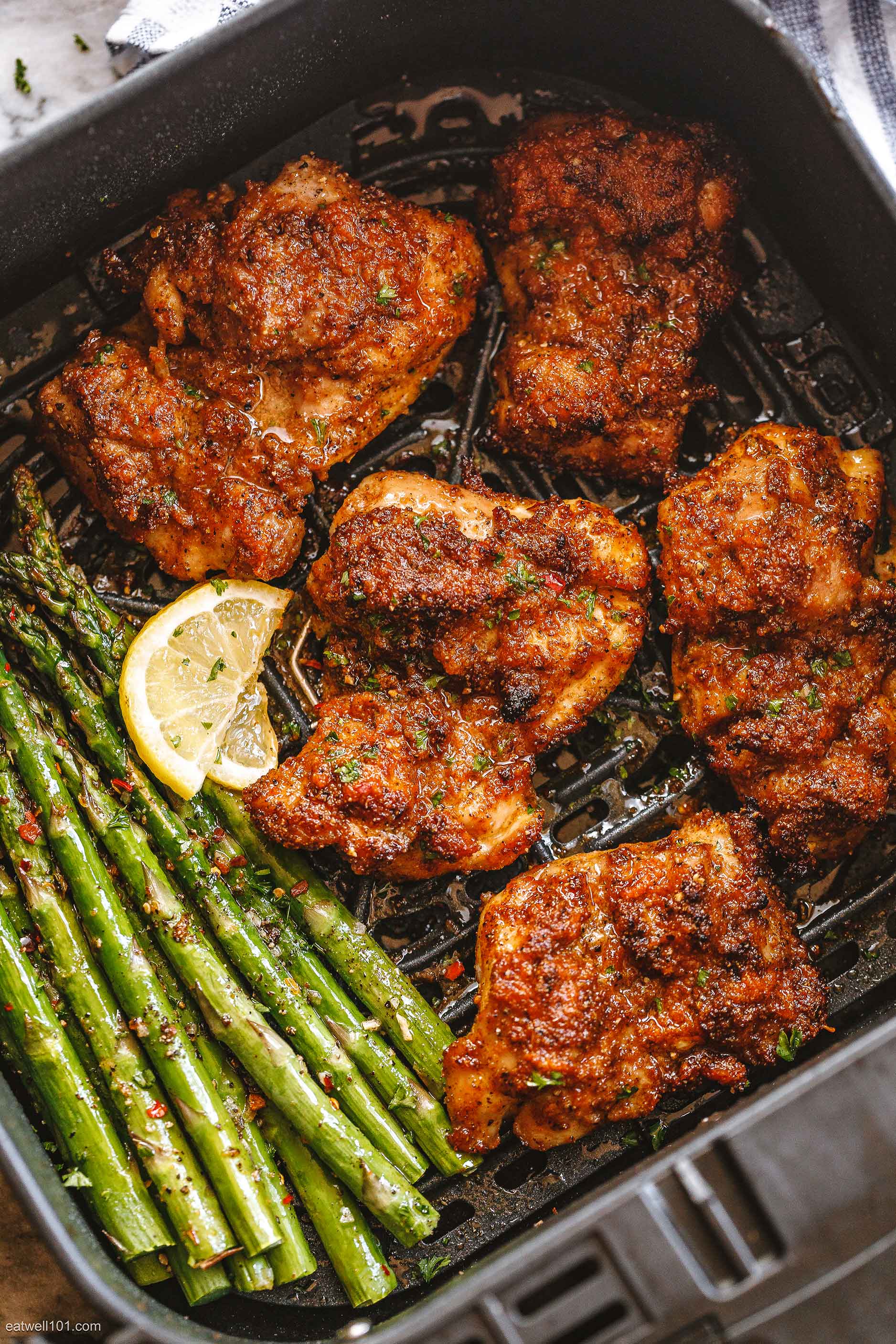 Air Fryer Garlic-Herb Chicken Thighs with Roasted Asparagus