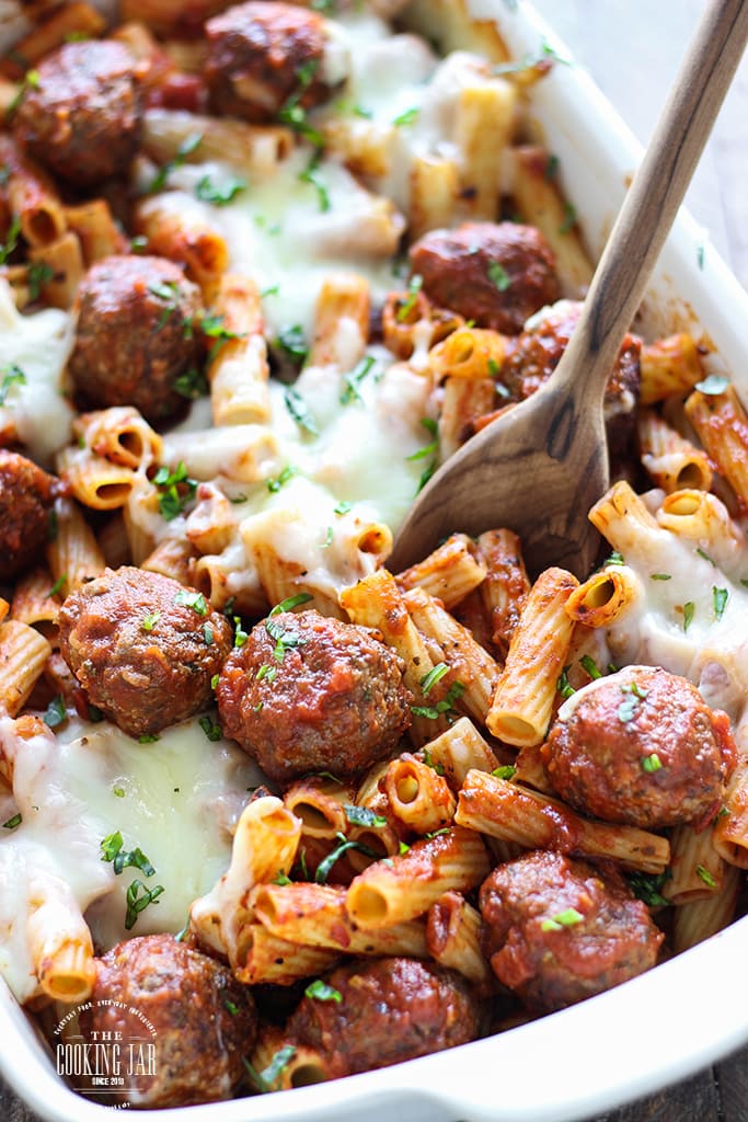 Baked Meatball Pasta with Tomato Basil Sauce