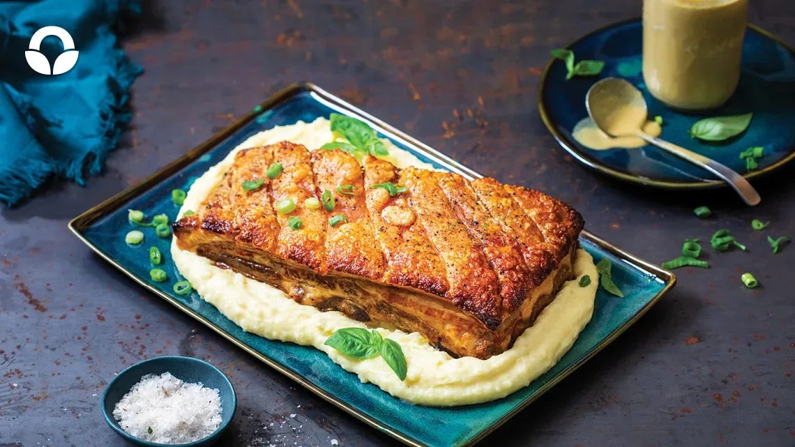 Roasted Smoky Pork Belly with Sweet Potato Mash