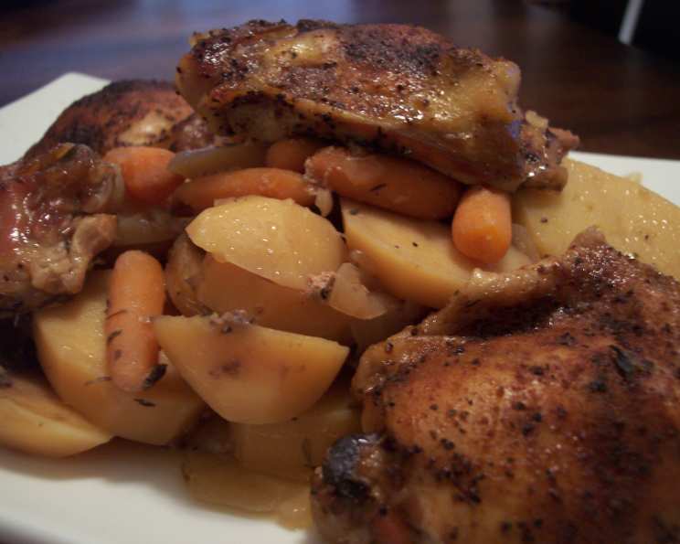 Dijon-Glazed Chicken Thighs with Baby Carrots and Potatoes