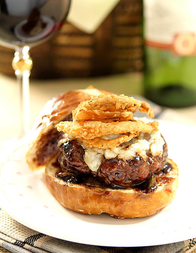 Bison and Blue Cheese Burger with Caramelized Onions