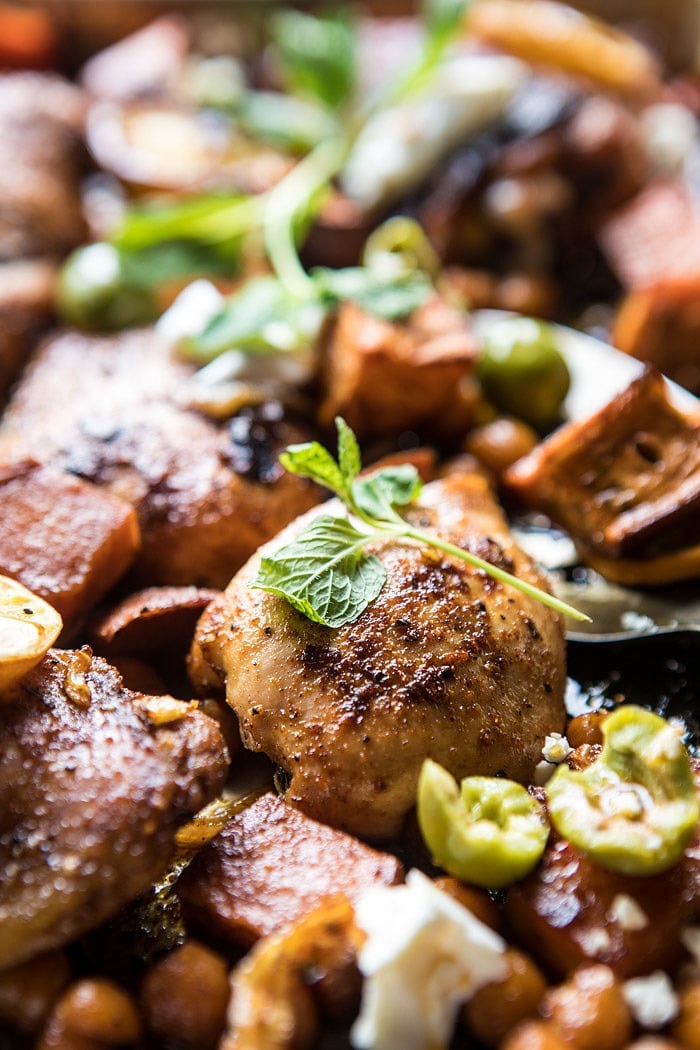 Harissa-Rubbed Chicken Thighs with Roasted Sweet Potatoes