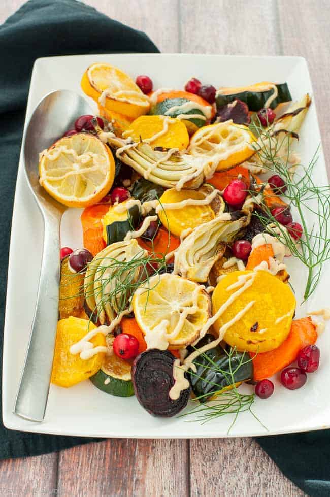 Oven-Roasted Rainbow Vegetables with Lemon-Tahini Dressing