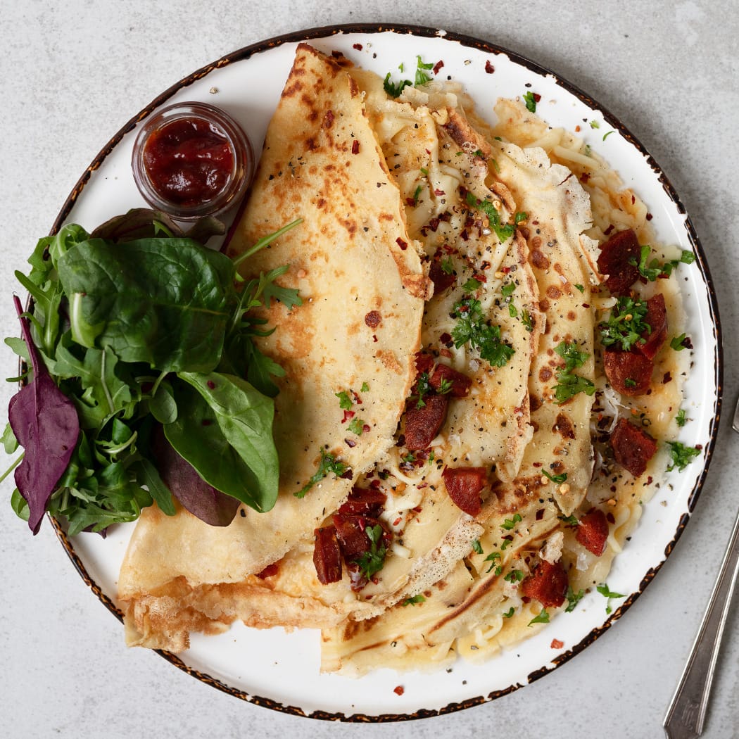 French-Mexican Chorizo and Cheddar Crepes