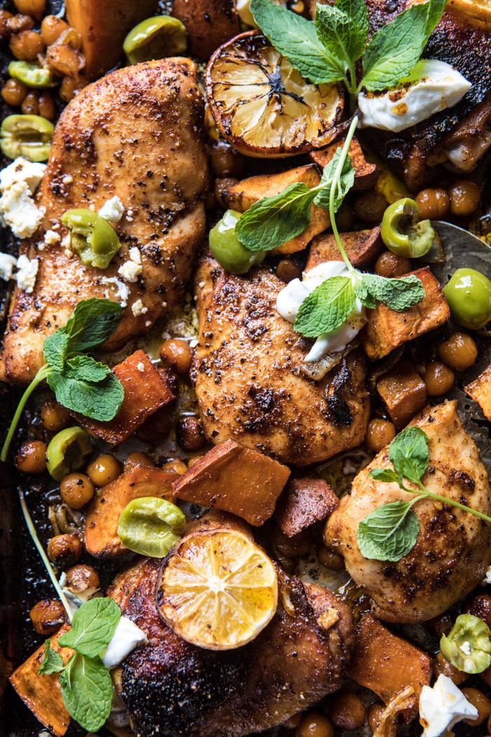 Harissa-Spiced Chickpea and Sweet Potato Sheet Pan