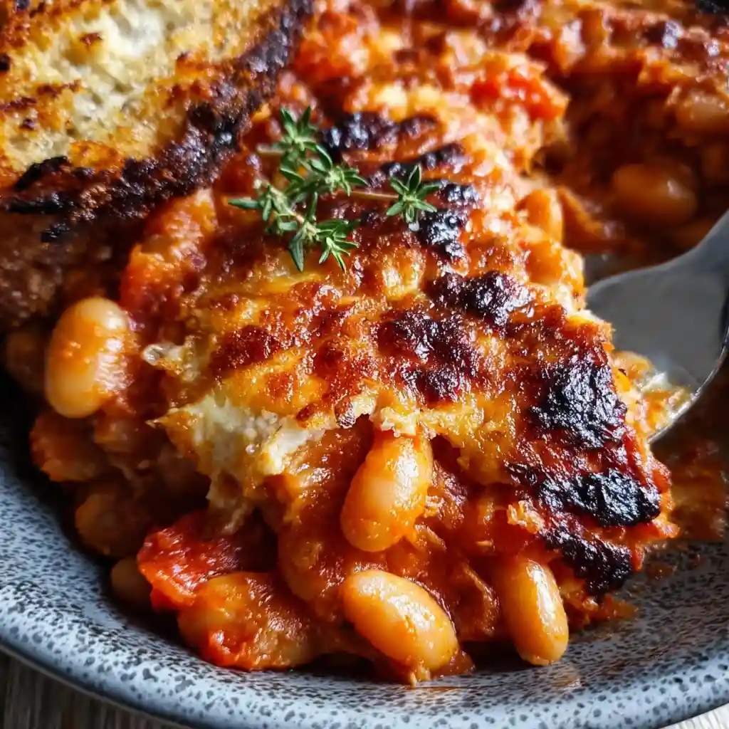Sheet Pan Tomato and White Bean Bake with Garlic Croutons
