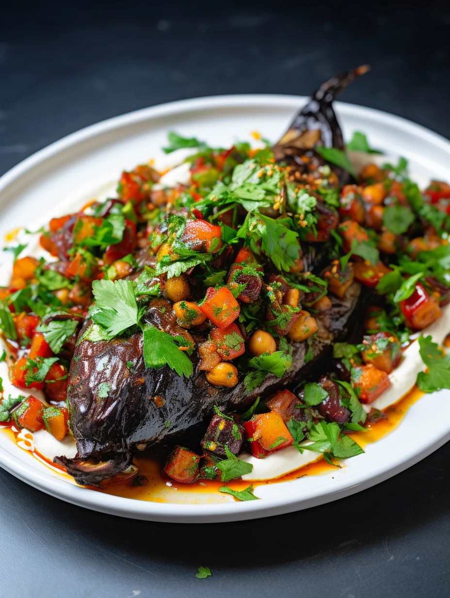 Harissa-Spiced Roasted Eggplant with Chickpeas