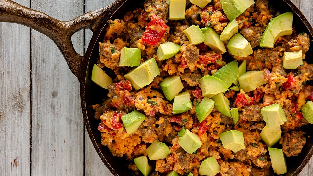 One-Pan Sausage and Spinach Scramble with Avocado