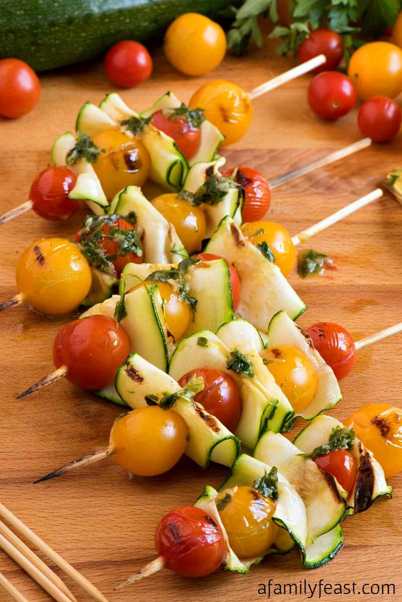 Sautéed Zucchini and Cherry Tomato Skewers with Lemon-Garlic Olive Oil
