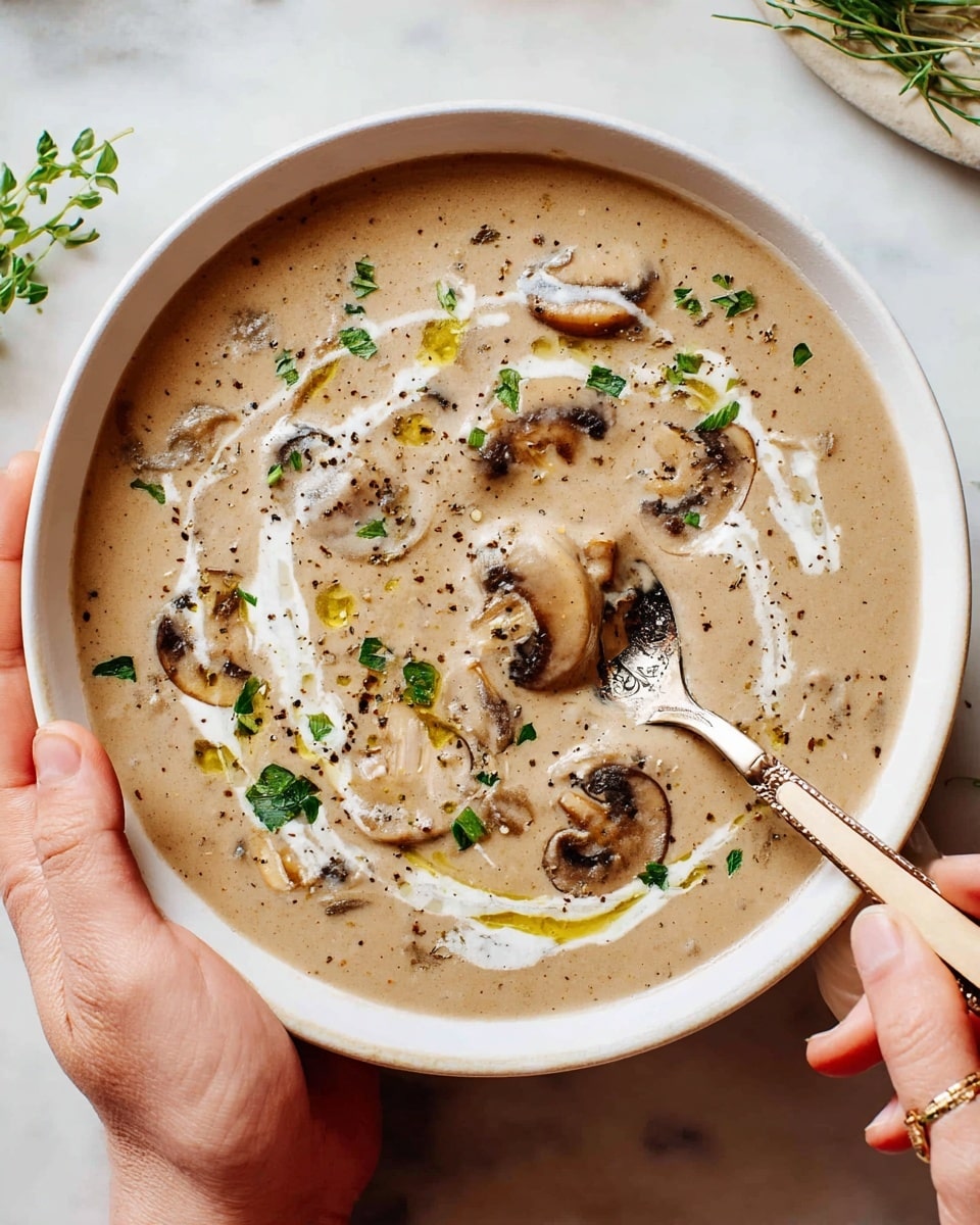 Mushroom and Cheddar Soup with Creamy Herb Swirl
