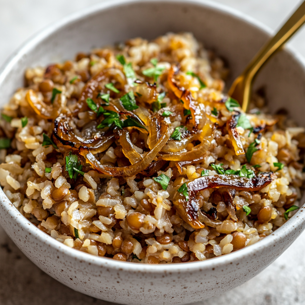 Caramelized Onion Lentil and Rice Mujadara