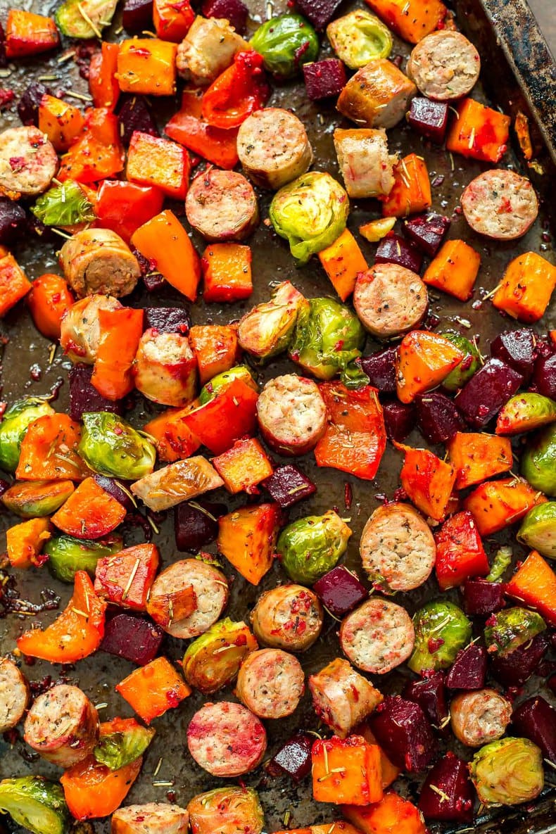 Sheet Pan Herb Sausage and Root Vegetables with Pine Nuts