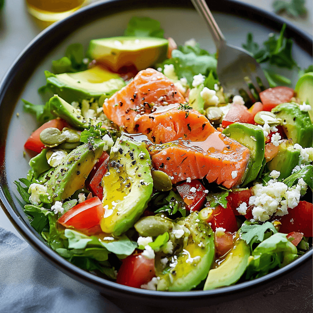 Tossed Avocado and Smoked Salmon Salad with Dill Dressing