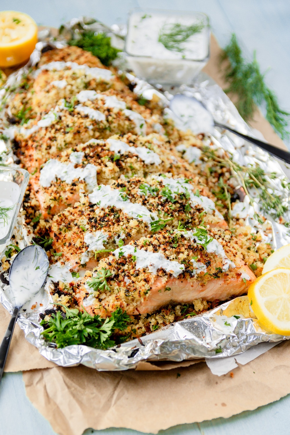 Pan-Seared Salmon with Dijon-Herb Crust and Roasted Asparagus