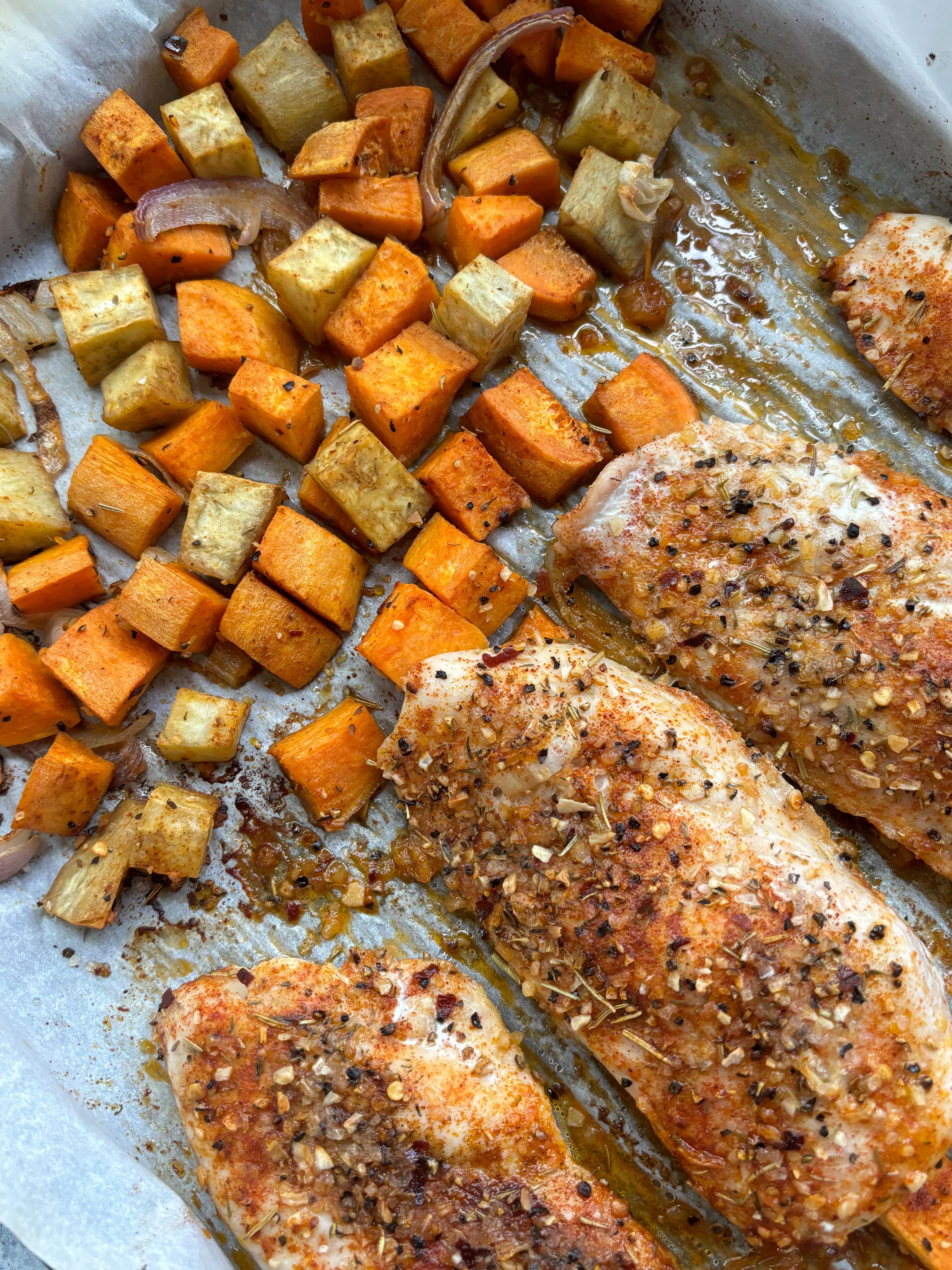 Sheet Pan Garlic-Parsley Chicken with Sweet Potatoes
