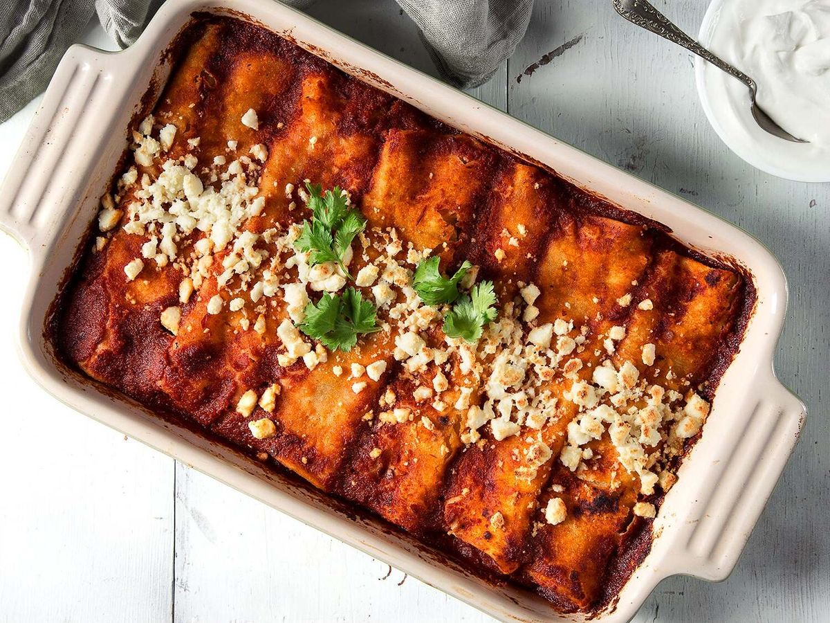 Mole-Spiced Black Bean and Sweet Potato Enchiladas