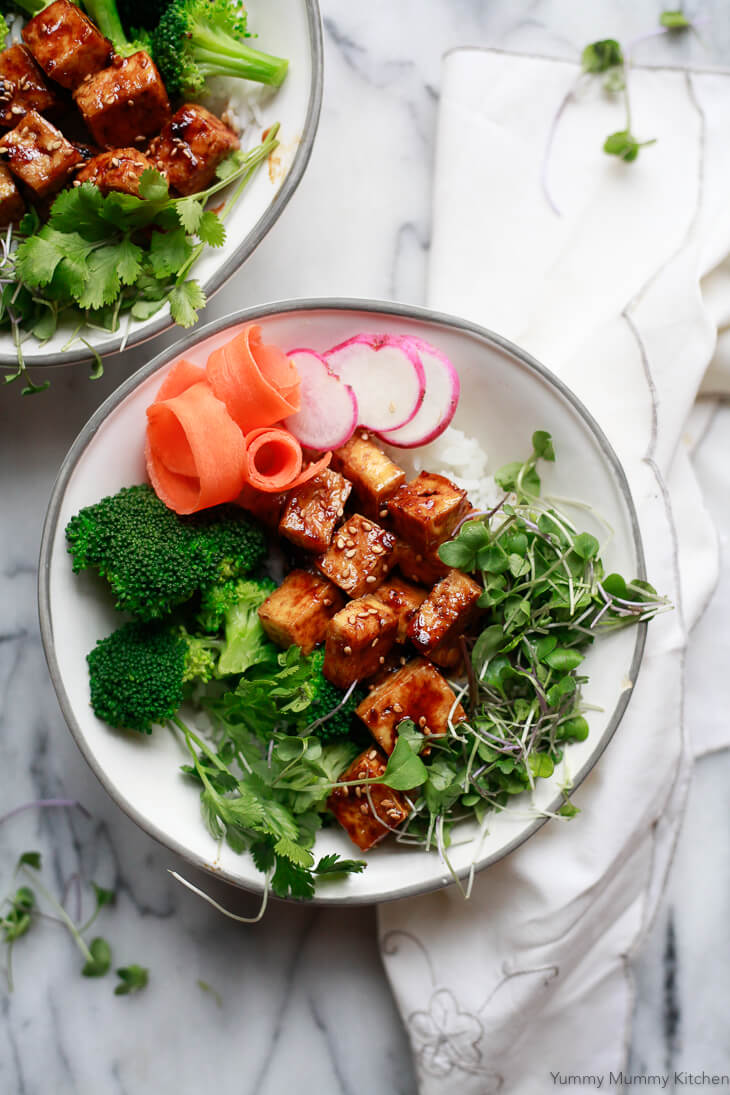 Soy-Ginger Glazed Tofu with Sesame Broccoli and Rice