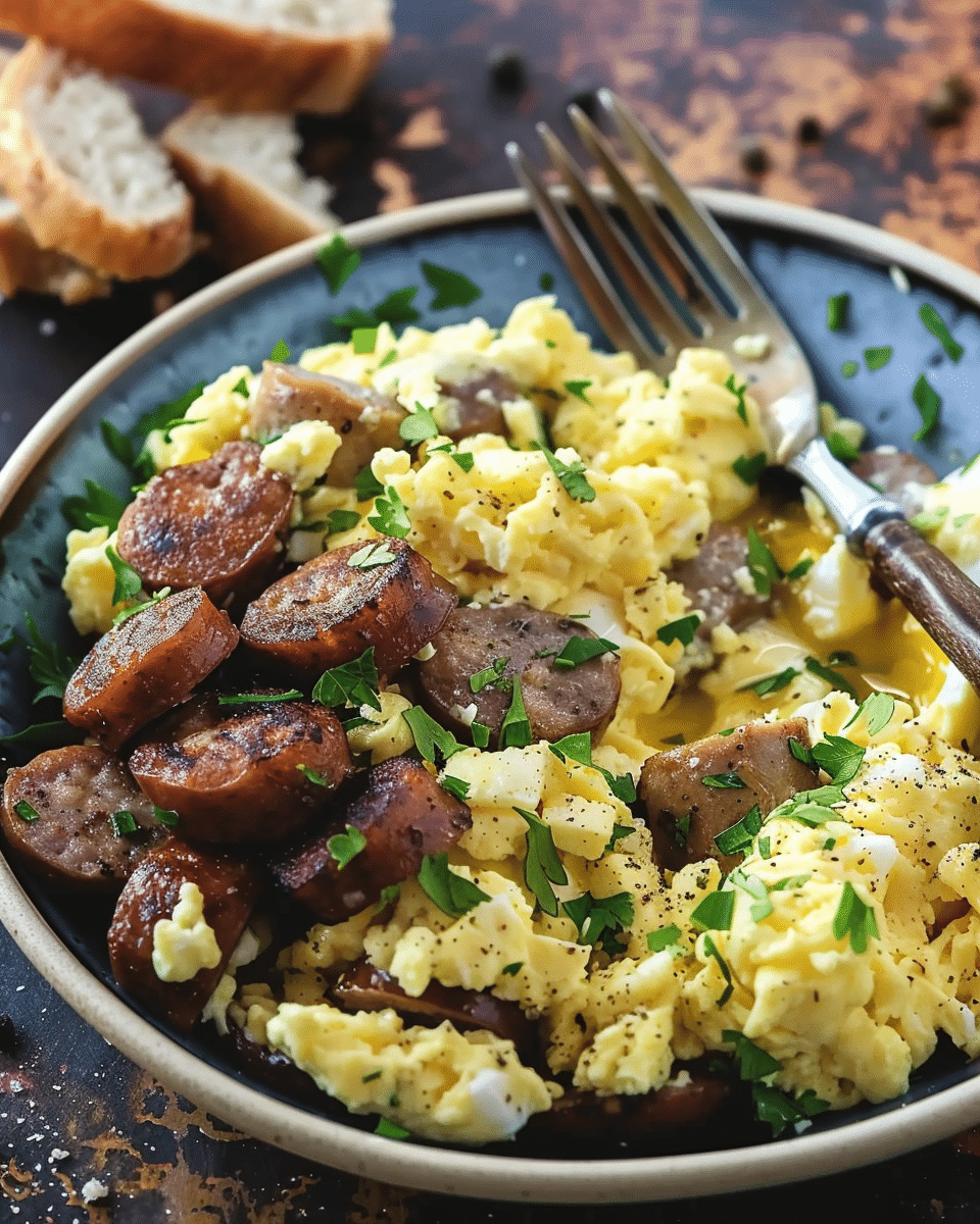 Sausage & Herb Scrambled Eggs with Roasted Carrots