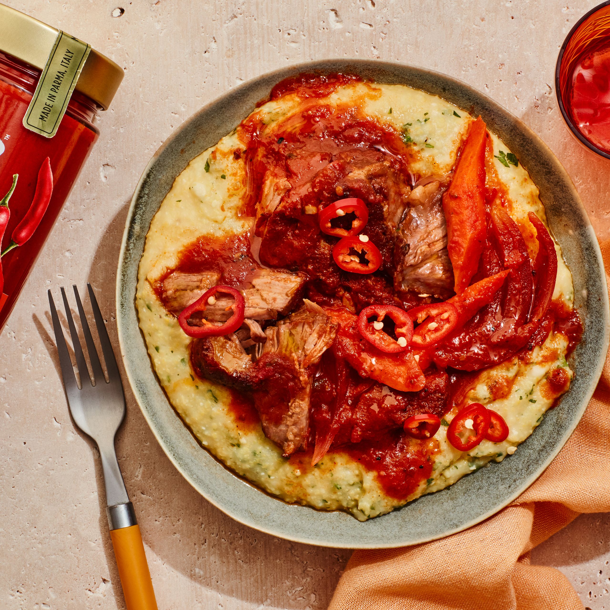 Slow-Braised Tomato & Herb Chicken with Herbed Polenta