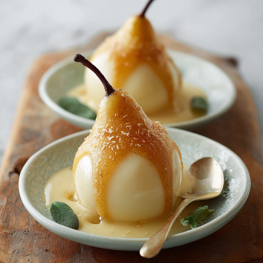 Lambic-Soaked Poached Pears with Vanilla Crème