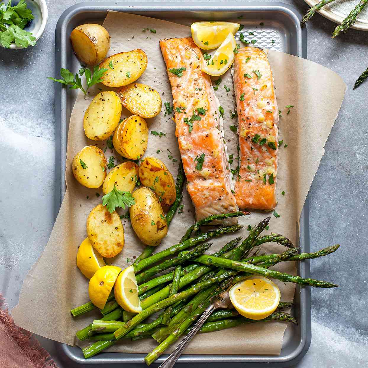 Sheet Pan Dijon Salmon with Cherry Tomatoes and Asparagus
